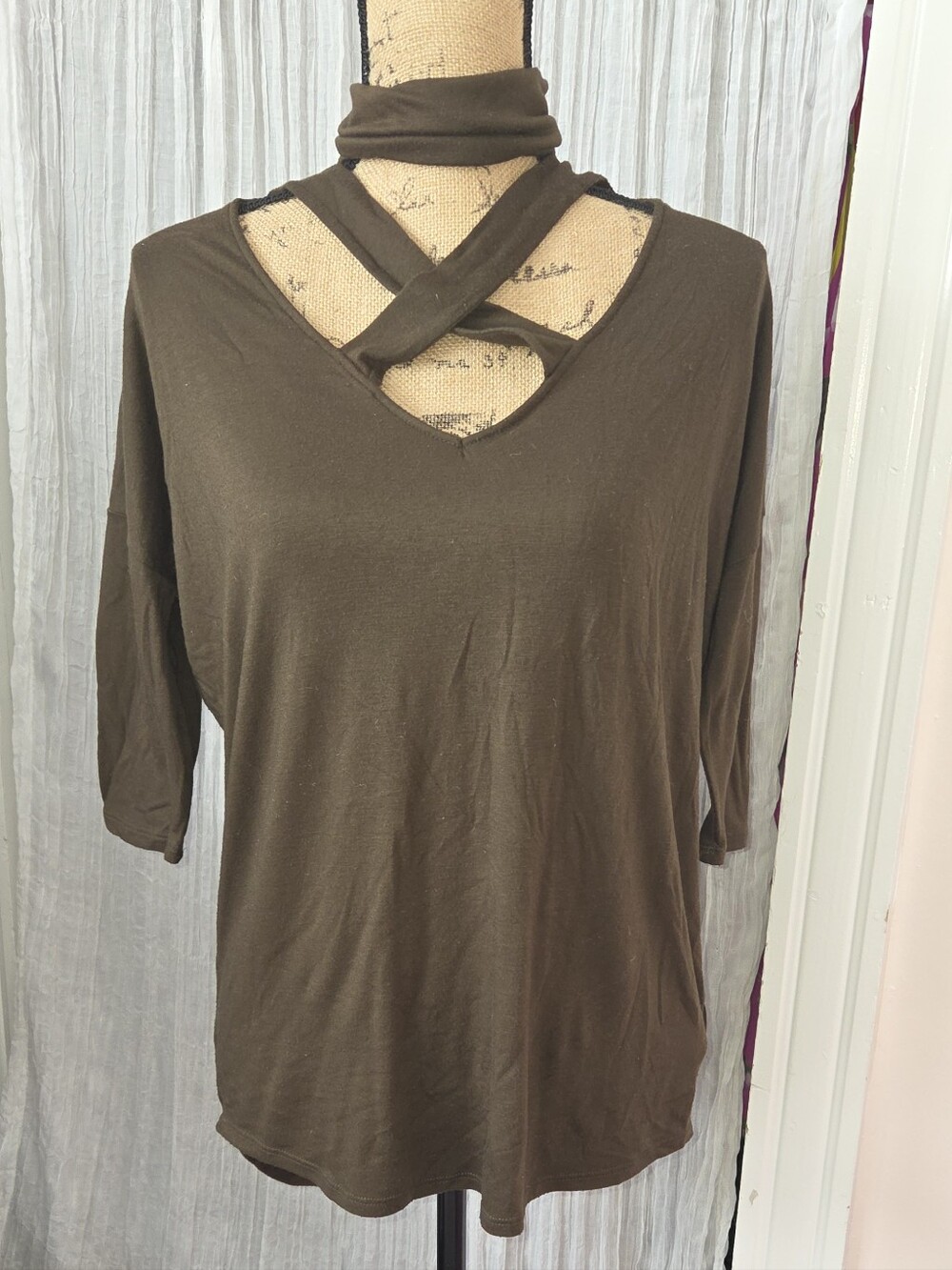 Express Olive Brown Crisscross V-Neck Long Sleeve Top